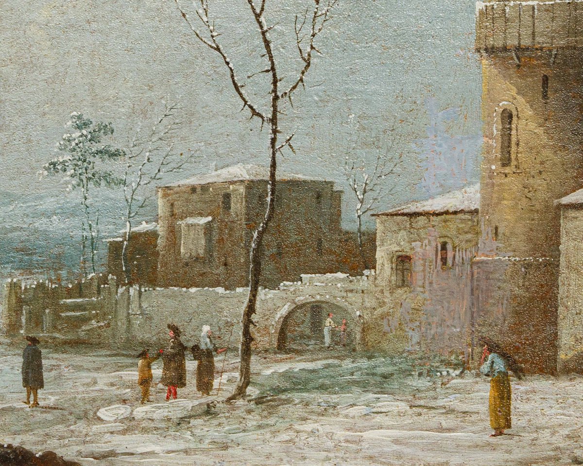XVIII secolo, Paesaggio innevato con castello e figure-photo-6