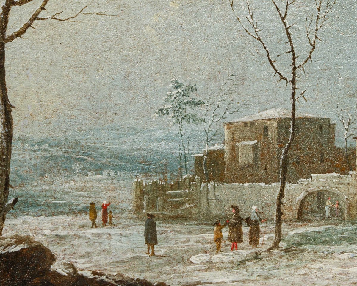 XVIII secolo, Paesaggio innevato con castello e figure-photo-7