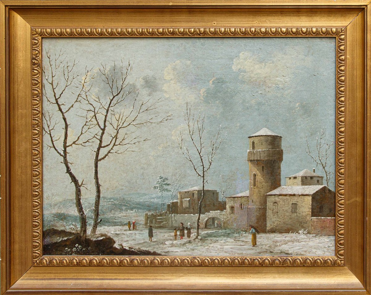 XVIII secolo, Paesaggio innevato con castello e figure
