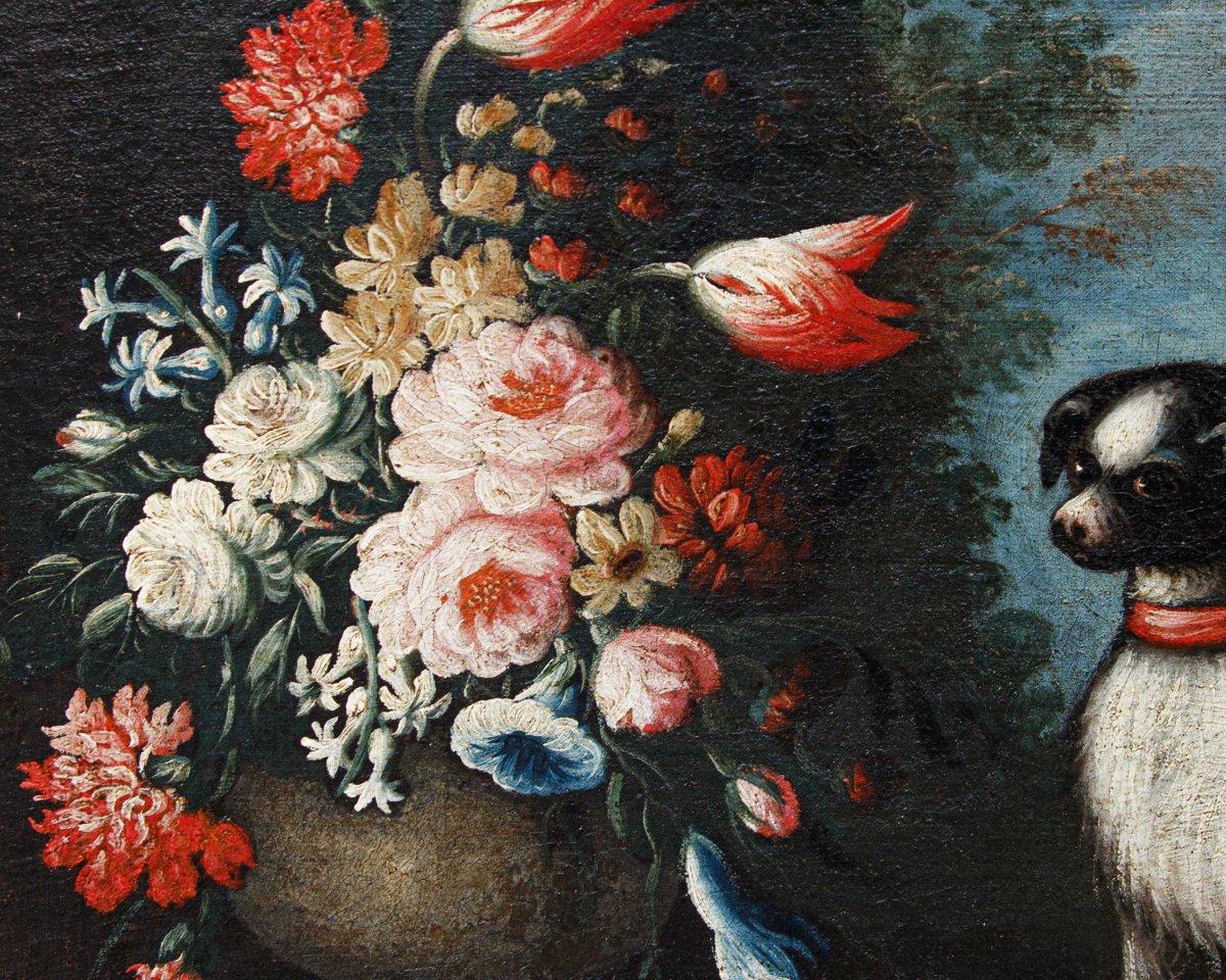 Angelo Zani, noto anche come “Monogrammista A.V.” ( XVIII secolo), Vaso di fiori con cane-photo-2
