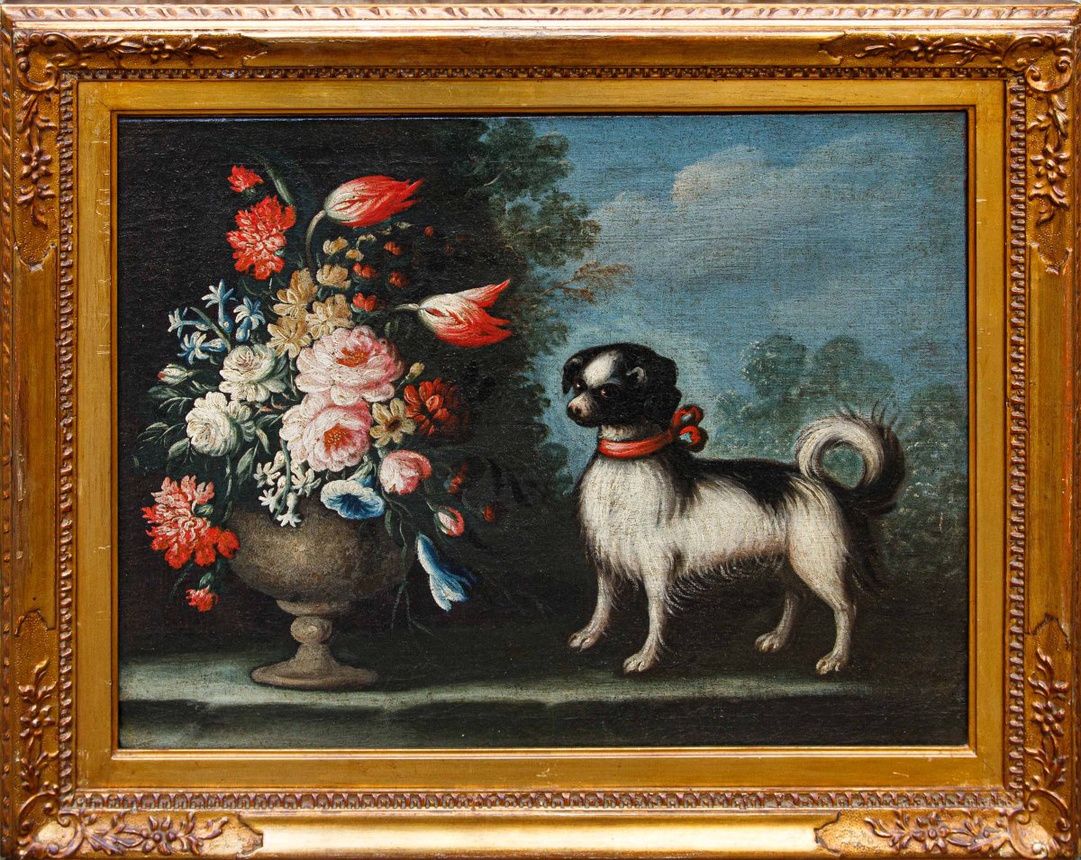 Angelo Zani, noto anche come “Monogrammista A.V.” ( XVIII secolo), Vaso di fiori con cane