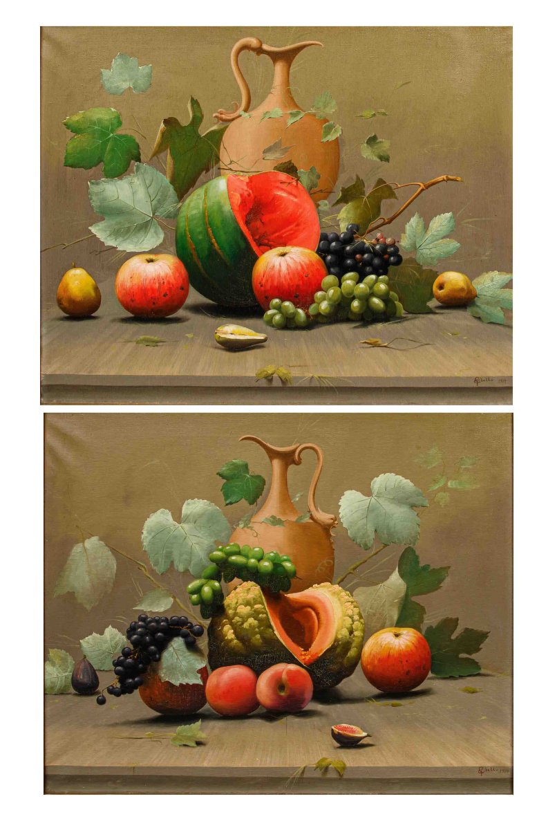Cleto Gibello (Callabiana, 1892 – Torino, 1944), Coppia di nature morte con frutta e brocca-photo-2