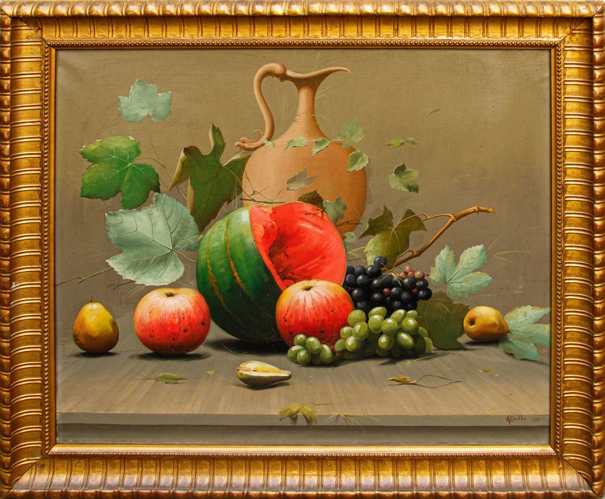 Cleto Gibello (Callabiana, 1892 – Torino, 1944), Coppia di nature morte con frutta e brocca-photo-3