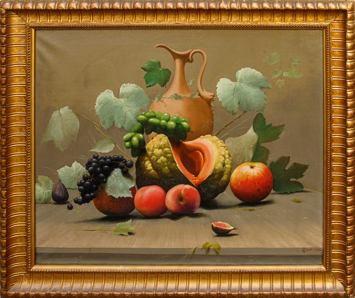 Cleto Gibello (Callabiana, 1892 – Torino, 1944), Coppia di nature morte con frutta e brocca-photo-4