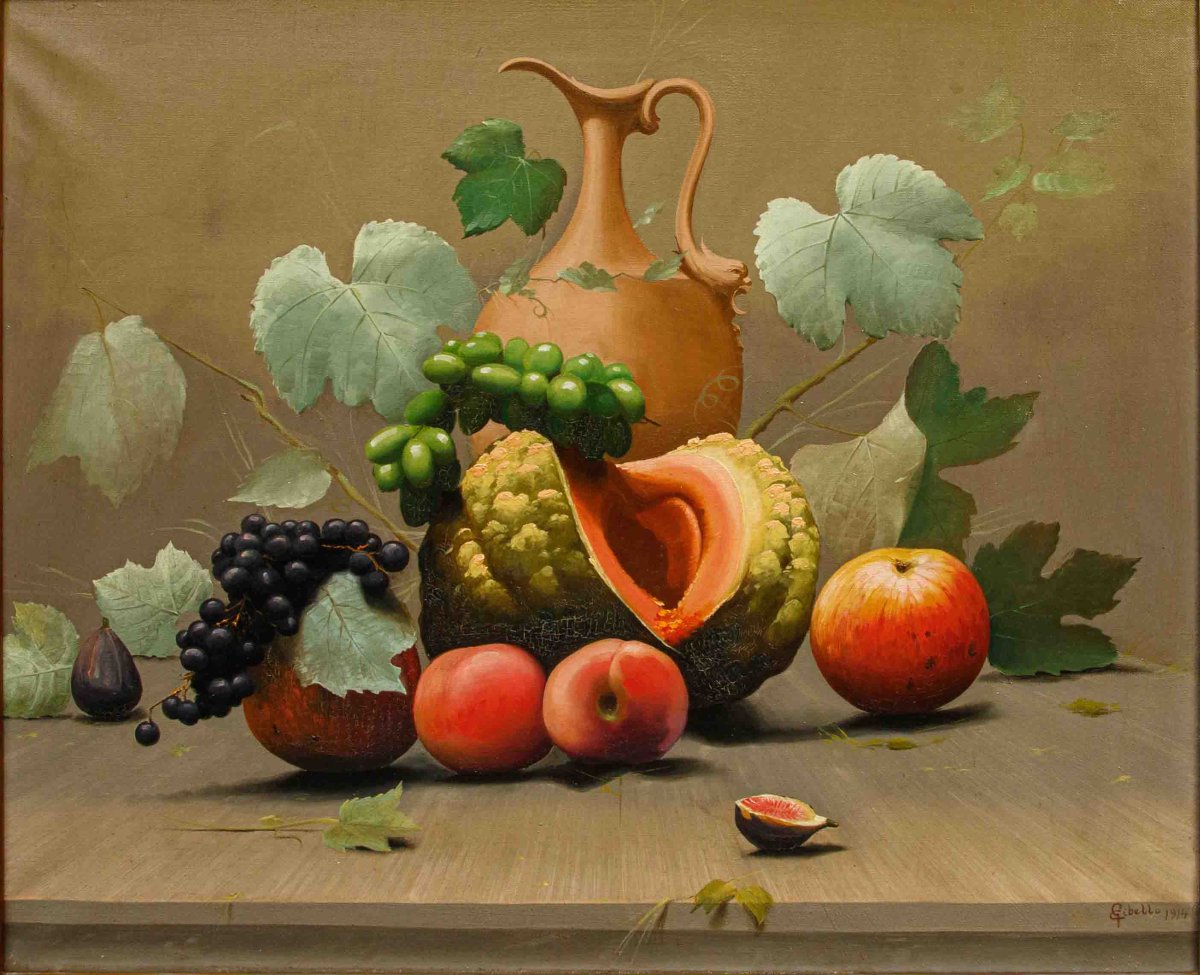 Cleto Gibello (Callabiana, 1892 – Torino, 1944), Coppia di nature morte con frutta e brocca-photo-1