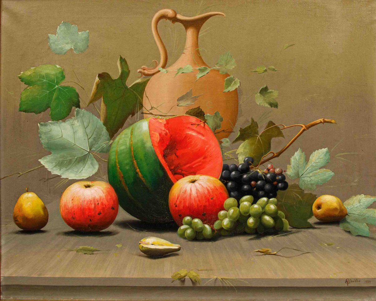 Cleto Gibello (Callabiana, 1892 – Torino, 1944), Coppia di nature morte con frutta e brocca-photo-2