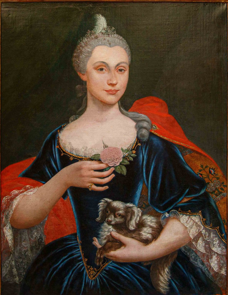 Pittore lombardo del XVIII secolo, Ritratto di gentildonna con cagnolino e rosa-photo-2