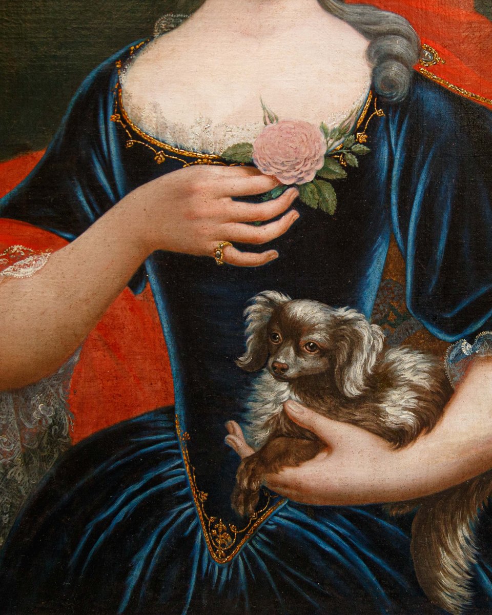 Pittore lombardo del XVIII secolo, Ritratto di gentildonna con cagnolino e rosa-photo-4