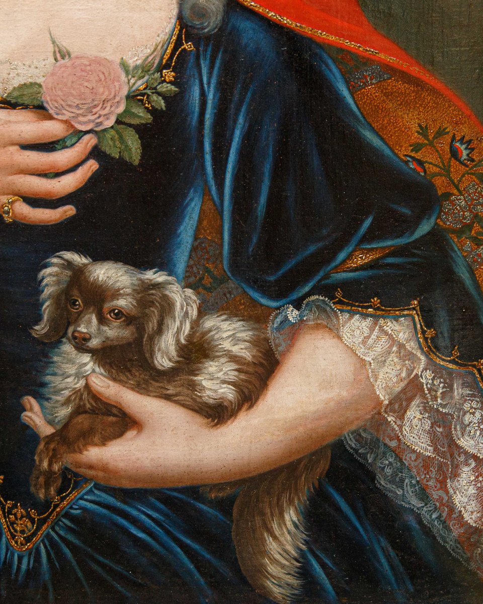 Pittore lombardo del XVIII secolo, Ritratto di gentildonna con cagnolino e rosa-photo-2