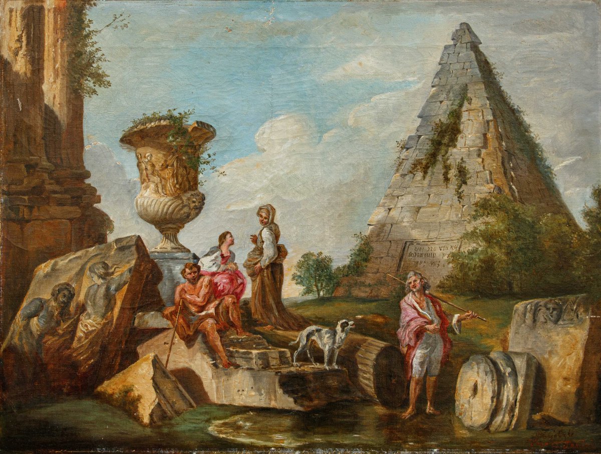 Fine del XVIII secolo, da Giovanni Paolo Panini, Capriccio di Rovine con la Piramide Cestia