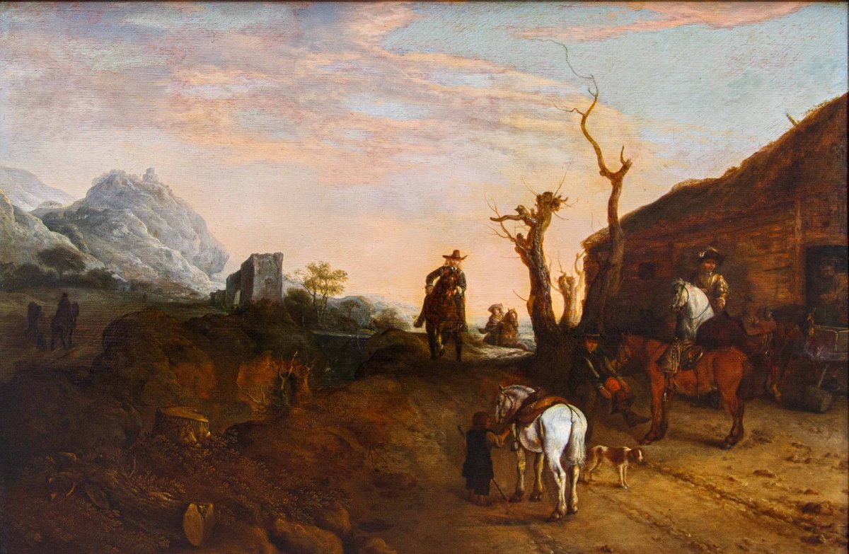 Seguace di Dirk Stoop (Dordrecht, 1610 – Utrecht, 1686), Sentiero con viandanti-photo-2