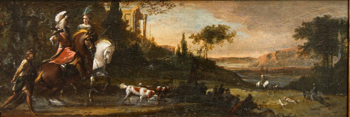 Jan Wyck (1645 - 1702), bottega di, Coppia di nobili a caccia-photo-2