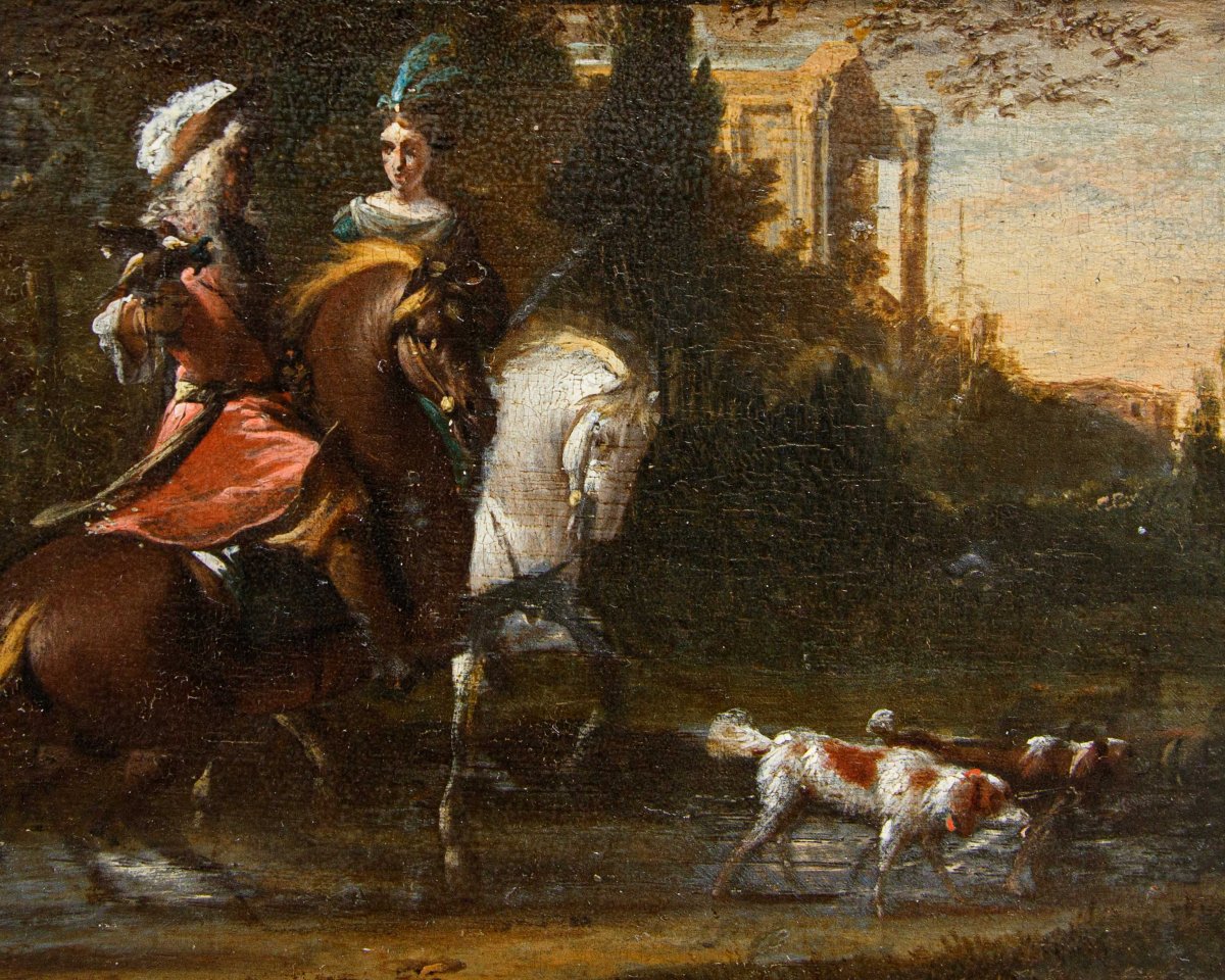 Jan Wyck (1645 - 1702), bottega di, Coppia di nobili a caccia-photo-4