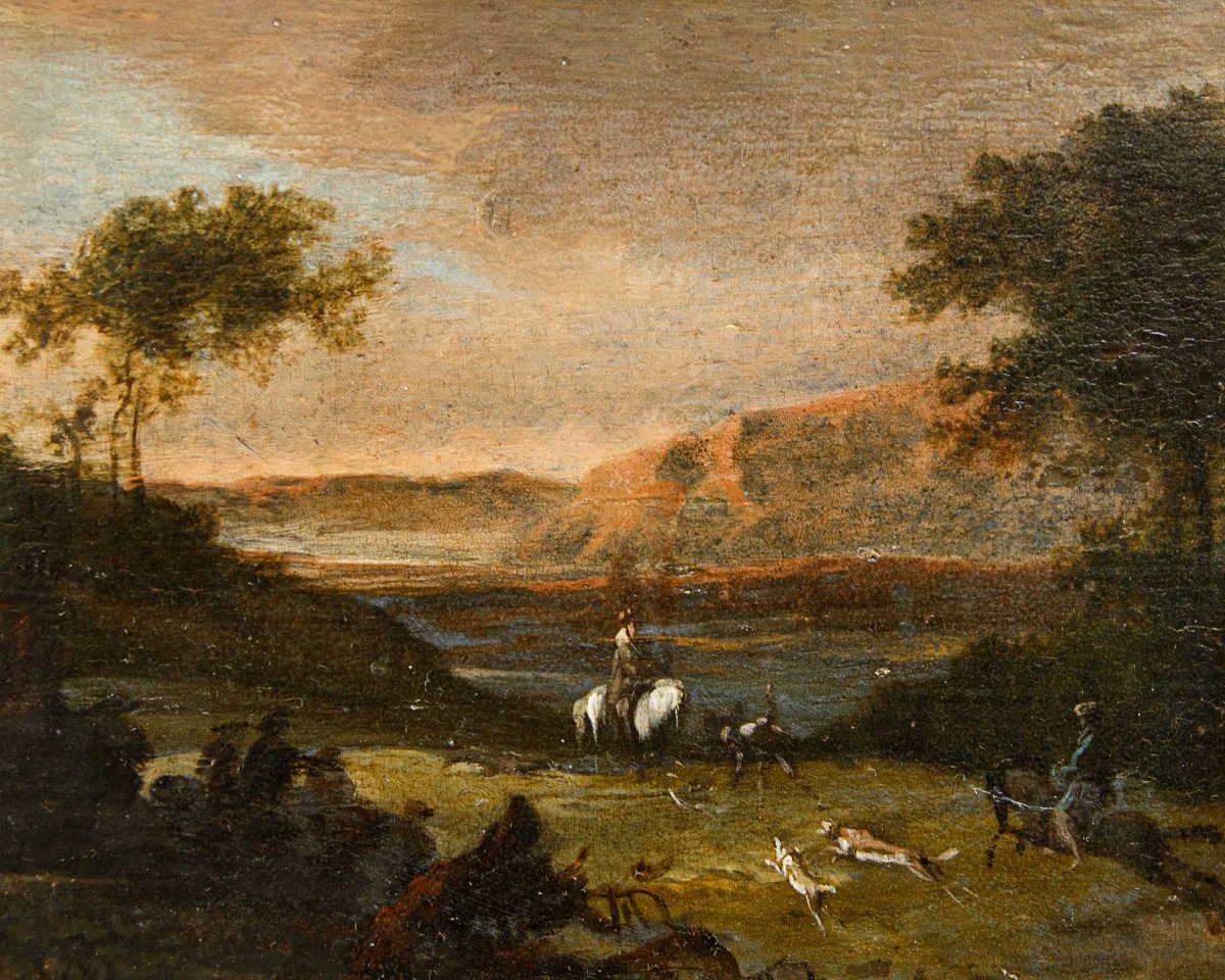 Jan Wyck (1645 - 1702), bottega di, Coppia di nobili a caccia-photo-1