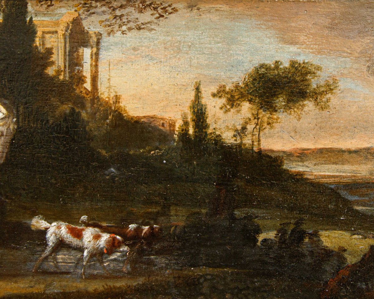 Jan Wyck (1645 - 1702), bottega di, Coppia di nobili a caccia-photo-3