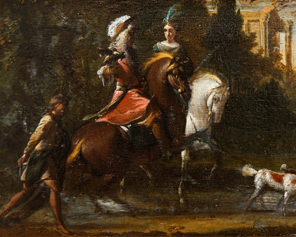 Jan Wyck (1645 - 1702), bottega di, Coppia di nobili a caccia-photo-4