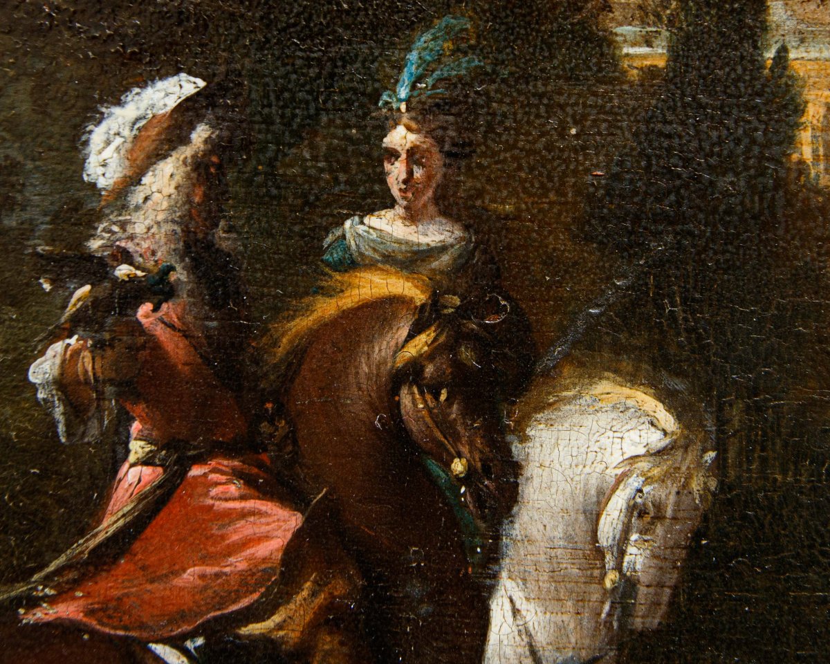 Jan Wyck (1645 - 1702), bottega di, Coppia di nobili a caccia-photo-7