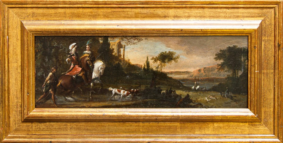 Jan Wyck (1645 - 1702), bottega di, Coppia di nobili a caccia