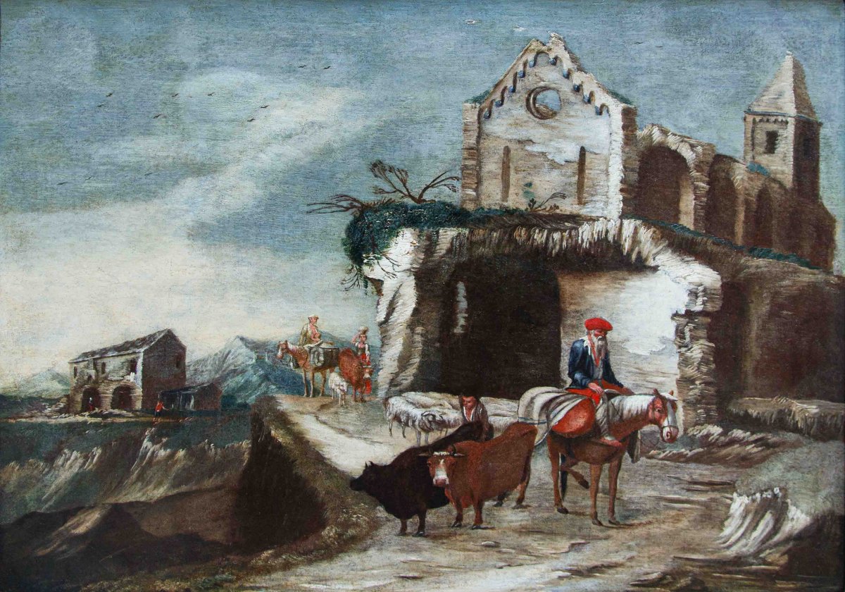 Antonio Travi detto il Sestri (1608 - 1665),Paesaggio con rovine, contadini e pastori-photo-2