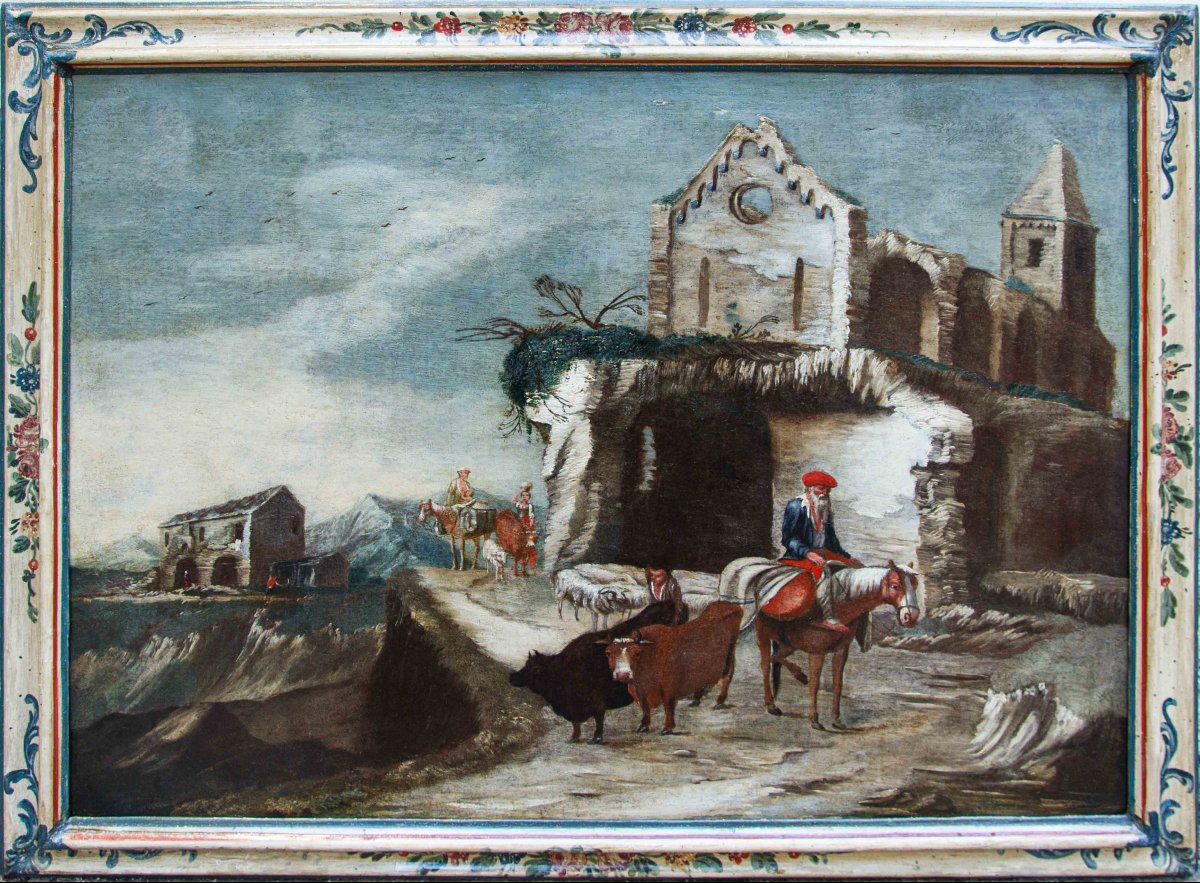 Antonio Travi detto il Sestri (1608 - 1665),Paesaggio con rovine, contadini e pastori
