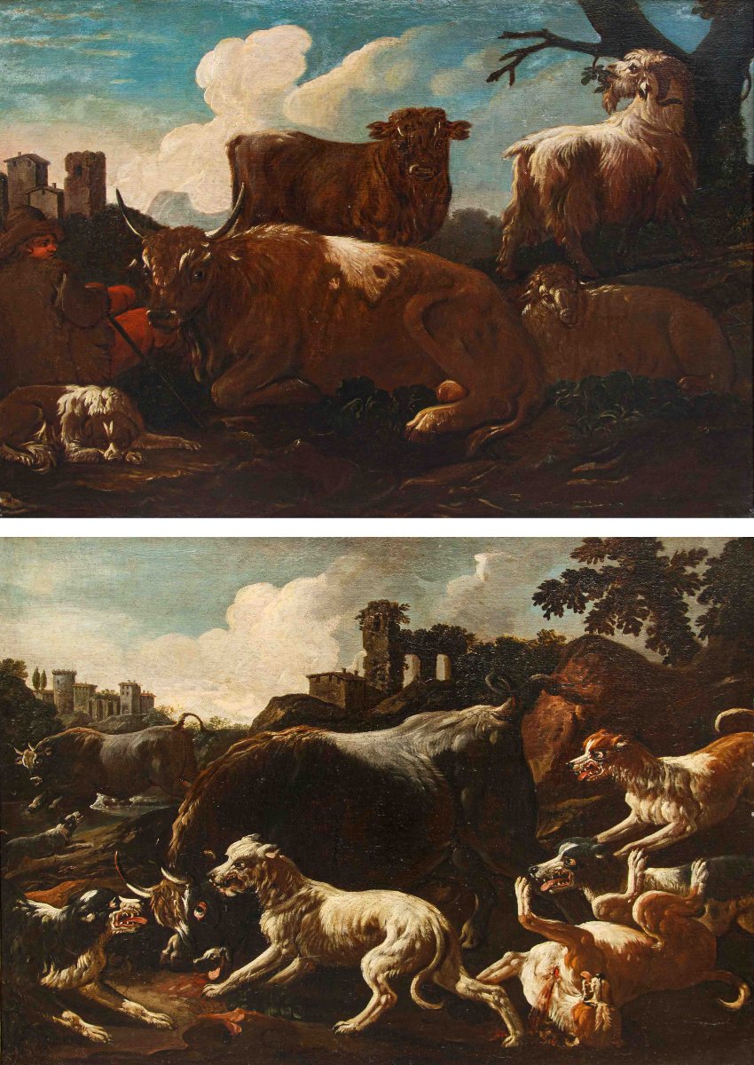 Jacob Roos, detto Rosa da Napoli, Pastore con armenti – Toro assalito da cani-photo-2