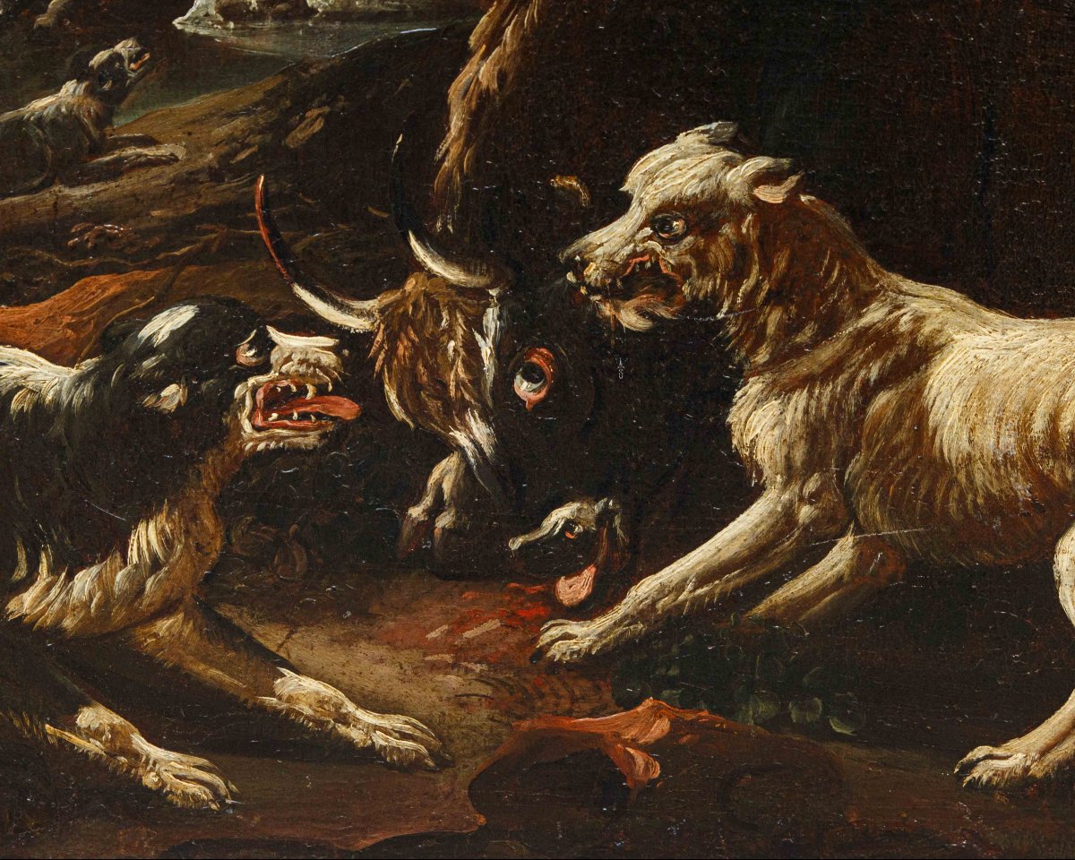 Jacob Roos, detto Rosa da Napoli, Pastore con armenti – Toro assalito da cani-photo-5