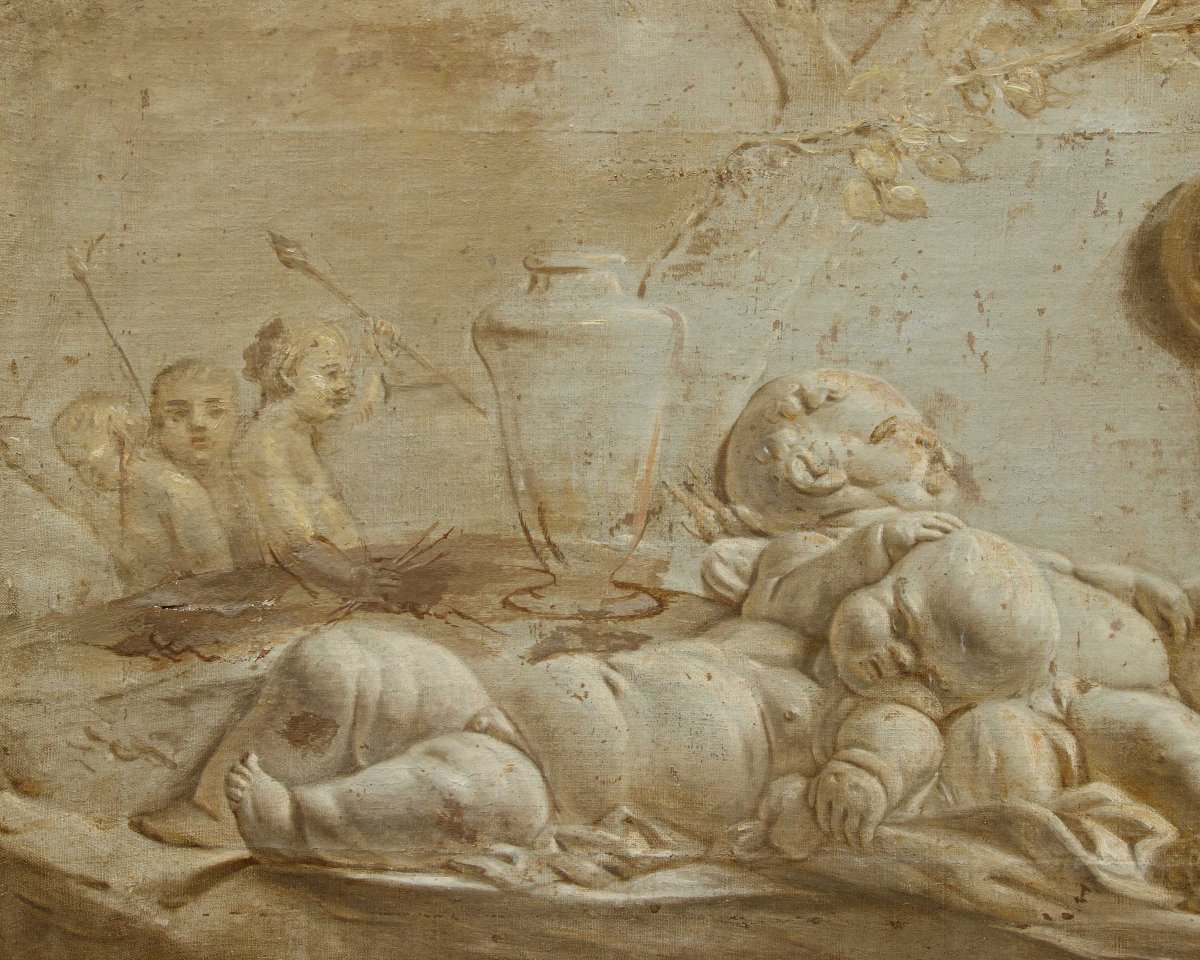 Francia, seconda metà del XVIII secolo, Trompe l’oeil di un bassorilievo in marmo con putti-photo-1