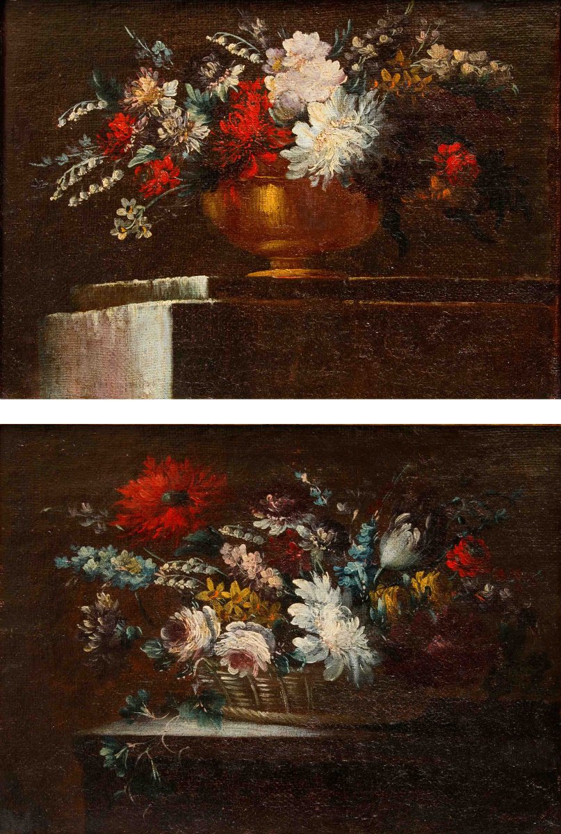 Scuola napoletana del XVIII secolo, Vaso e cesto di fiori-photo-2