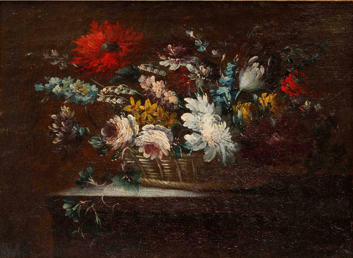 Scuola napoletana del XVIII secolo, Vaso e cesto di fiori-photo-3