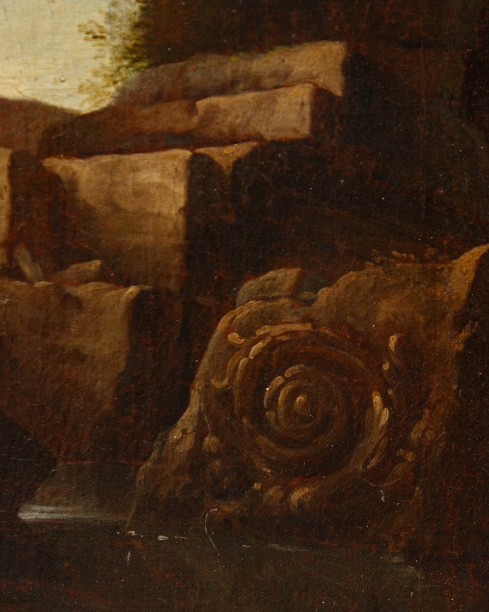 Giovanni Ghisolfi (Milano, 1623 – 1683), Paesaggio con rovine architettoniche e figure-photo-5
