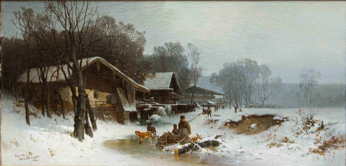 Karl Adam Heinisch (Prudnik (PL), 1847 – 1923), Paesaggio invernale con ruscello ghiacciato-photo-2