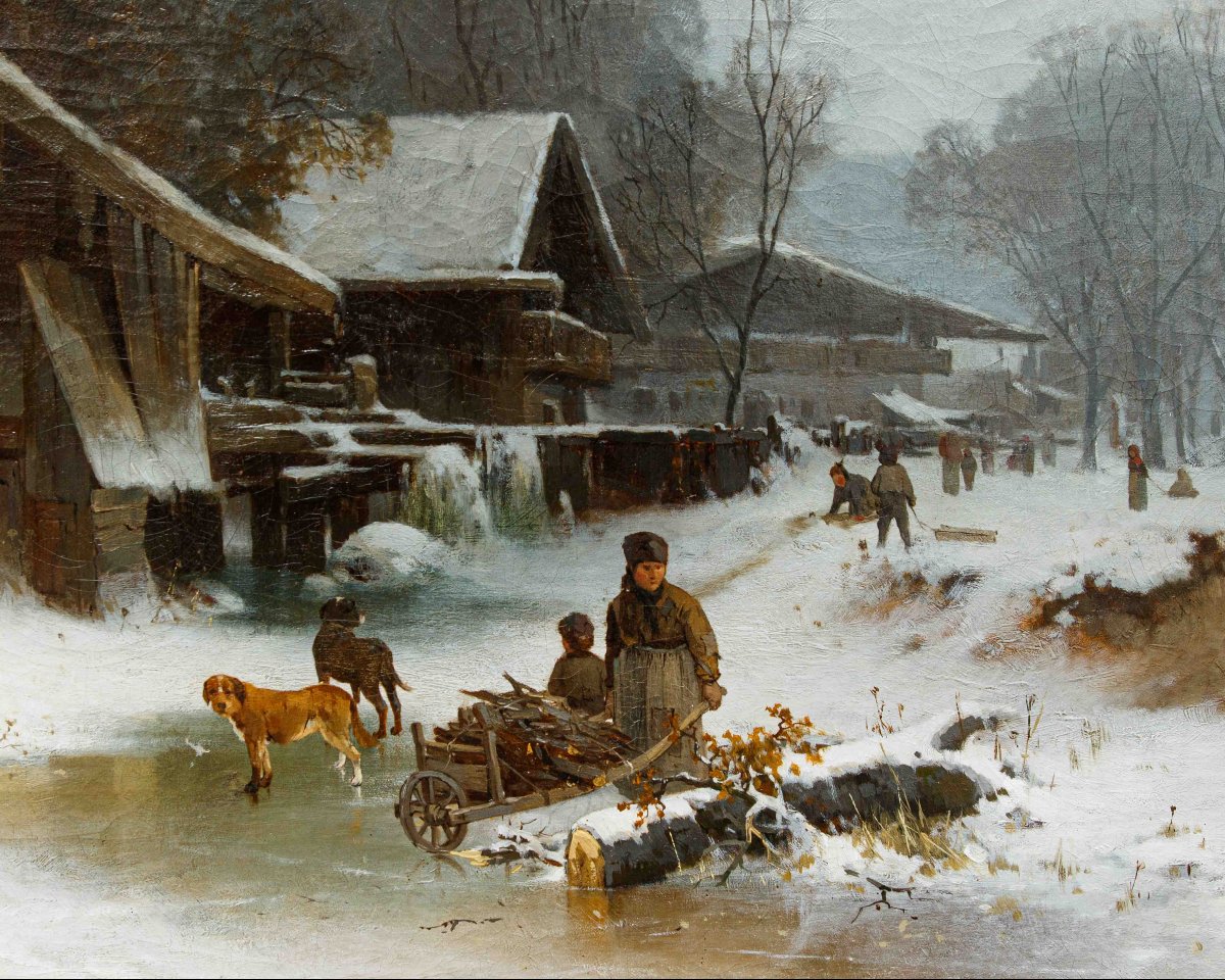 Karl Adam Heinisch (Prudnik (PL), 1847 – 1923), Paesaggio invernale con ruscello ghiacciato-photo-2