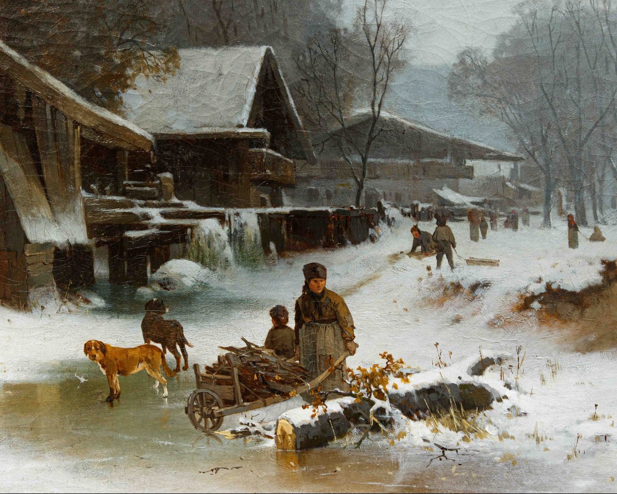 Karl Adam Heinisch (Prudnik (PL), 1847 – 1923), Paesaggio invernale con ruscello ghiacciato-photo-3