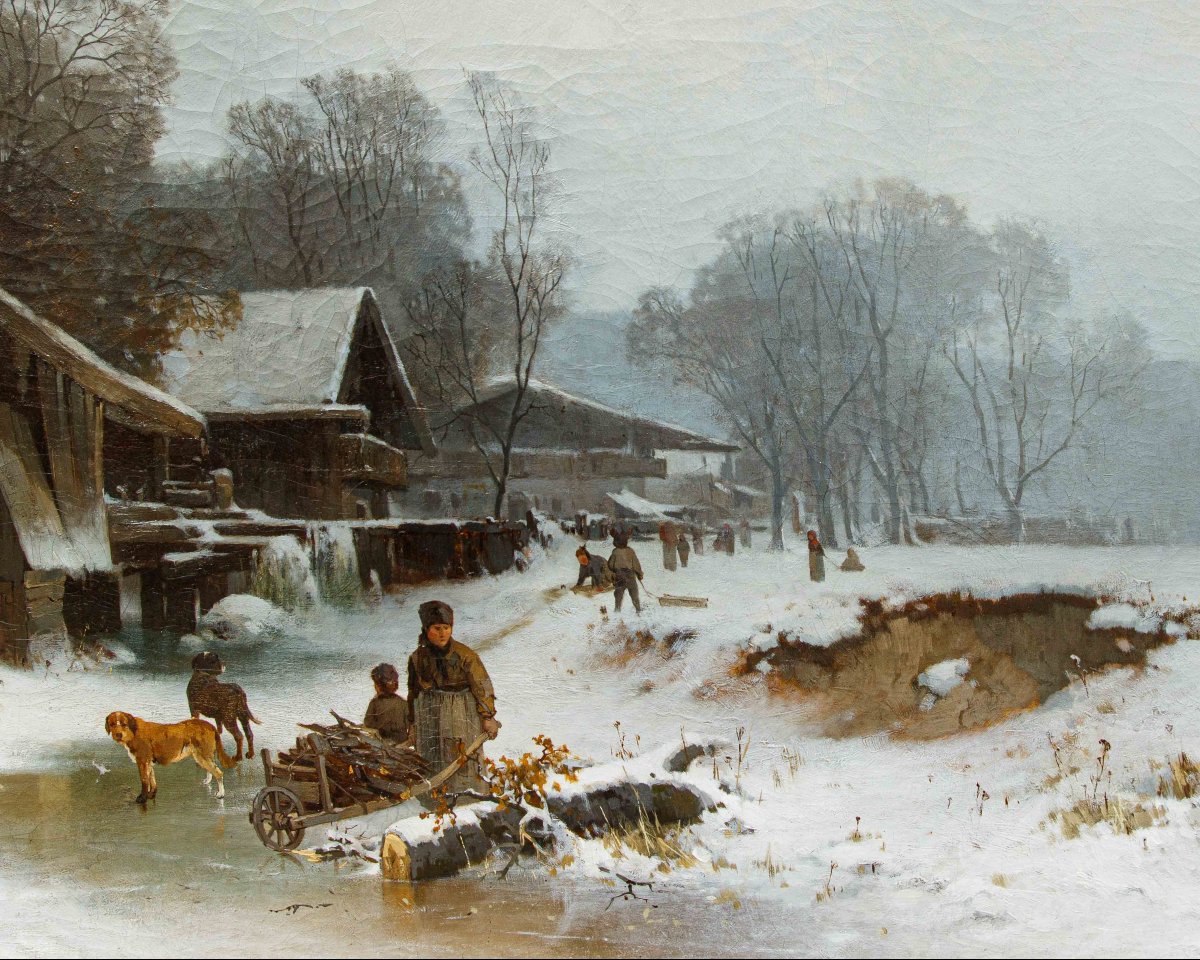 Karl Adam Heinisch (Prudnik (PL), 1847 – 1923), Paesaggio invernale con ruscello ghiacciato-photo-4