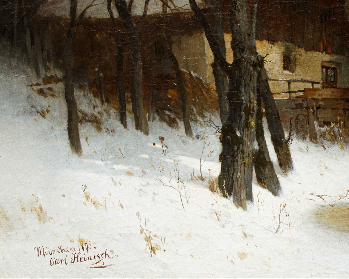 Karl Adam Heinisch (Prudnik (PL), 1847 – 1923), Paesaggio invernale con ruscello ghiacciato-photo-5