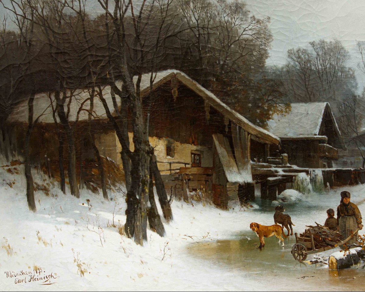 Karl Adam Heinisch (Prudnik (PL), 1847 – 1923), Paesaggio invernale con ruscello ghiacciato-photo-6
