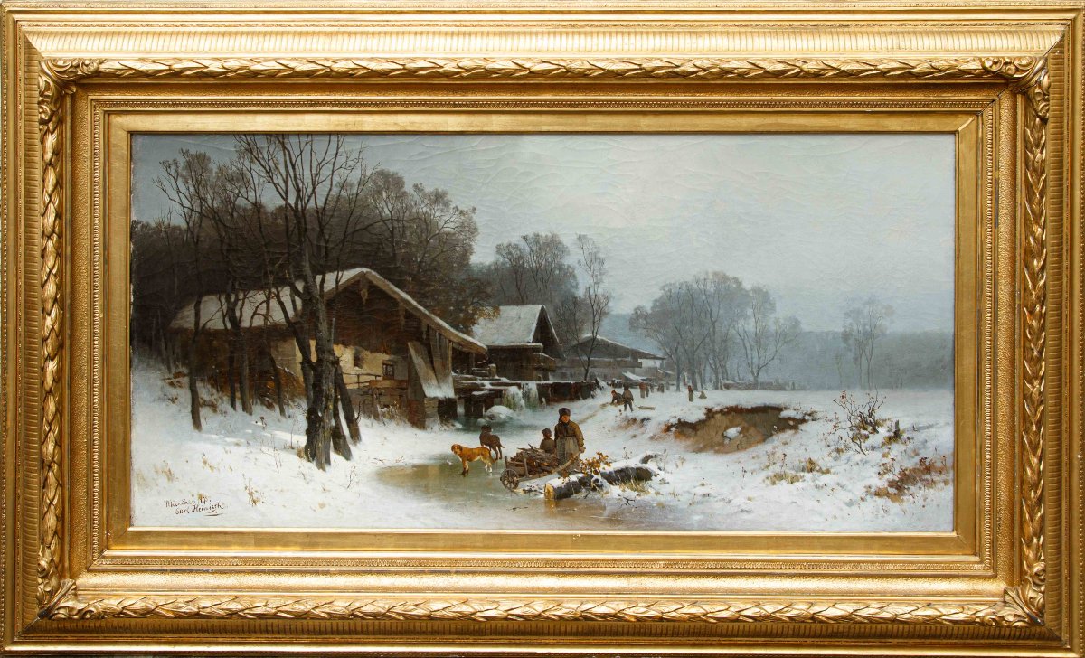 Karl Adam Heinisch (Prudnik (PL), 1847 – 1923), Paesaggio invernale con ruscello ghiacciato