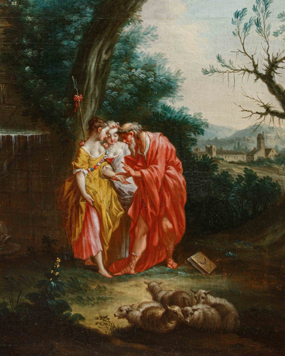 Seguace di François Boucher (Parigi, 1703 - 1770), Paesaggio con la buona ventura-photo-1
