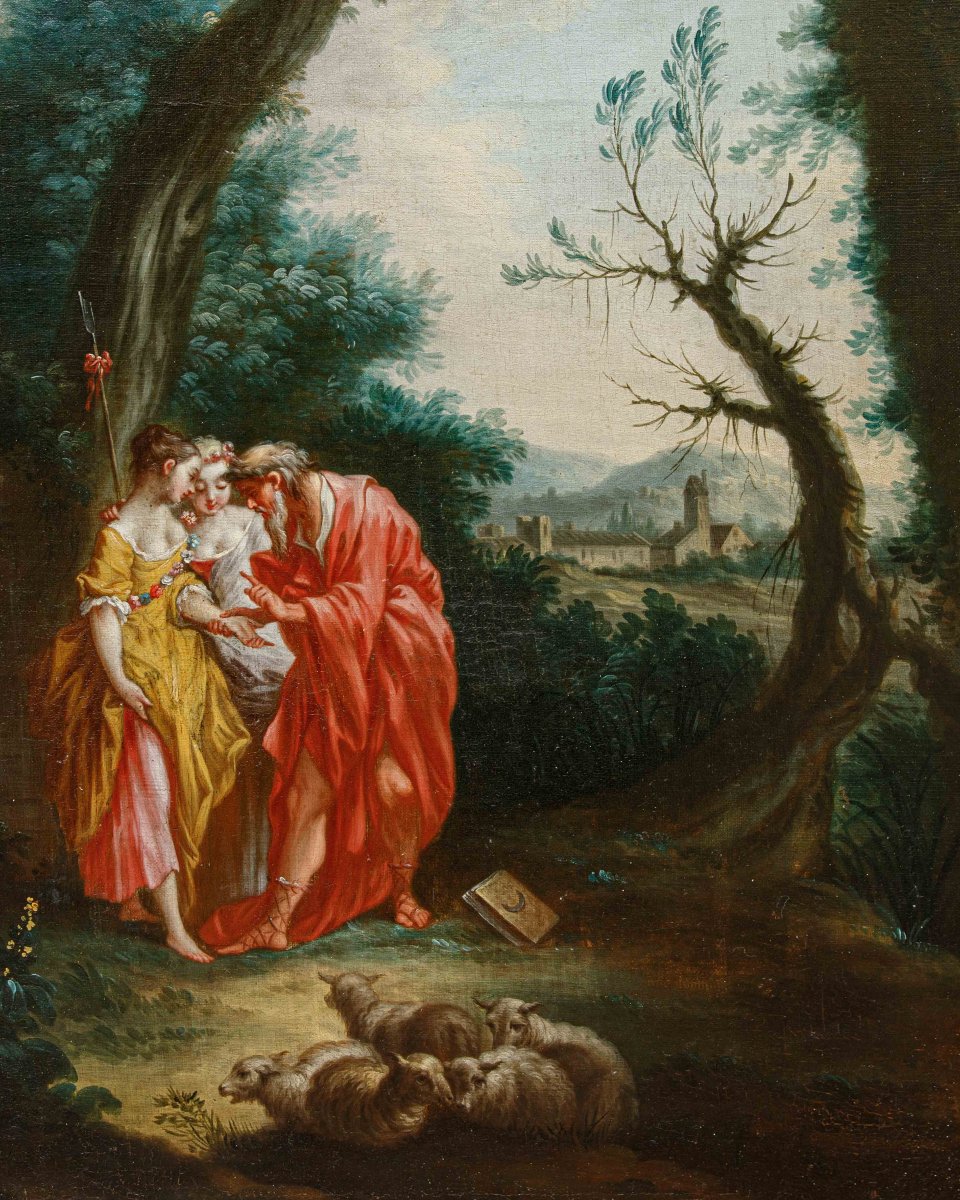Seguace di François Boucher (Parigi, 1703 - 1770), Paesaggio con la buona ventura-photo-2