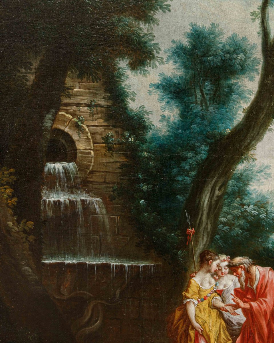 Seguace di François Boucher (Parigi, 1703 - 1770), Paesaggio con la buona ventura-photo-3