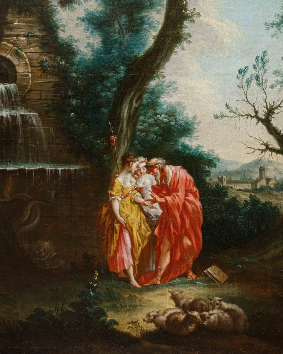 Seguace di François Boucher (Parigi, 1703 - 1770), Paesaggio con la buona ventura-photo-4