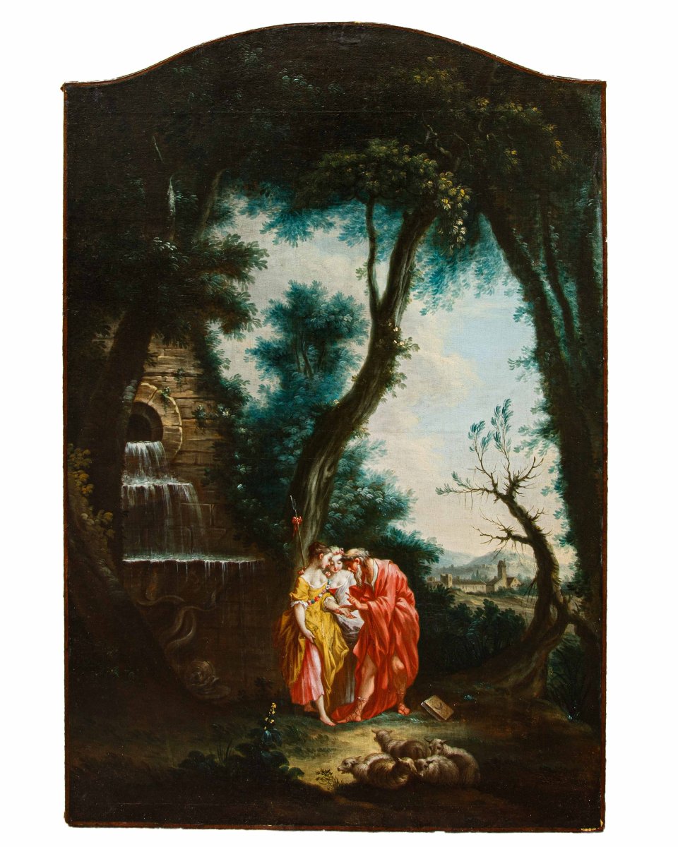 Seguace di François Boucher (Parigi, 1703 - 1770), Paesaggio con la buona ventura