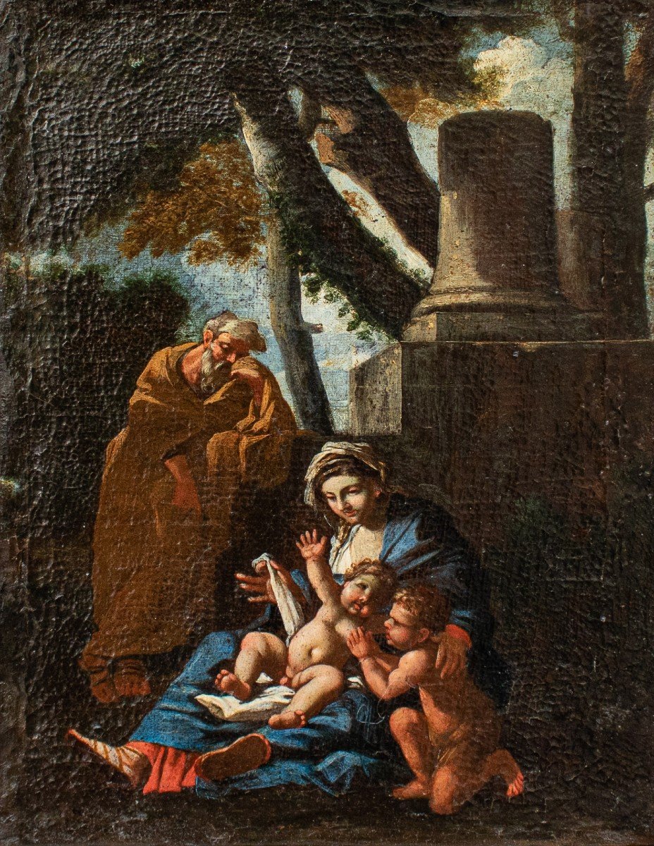 Sainte Famille Avec San Giovannino, XVIIe Siècle, école émilienne-photo-2