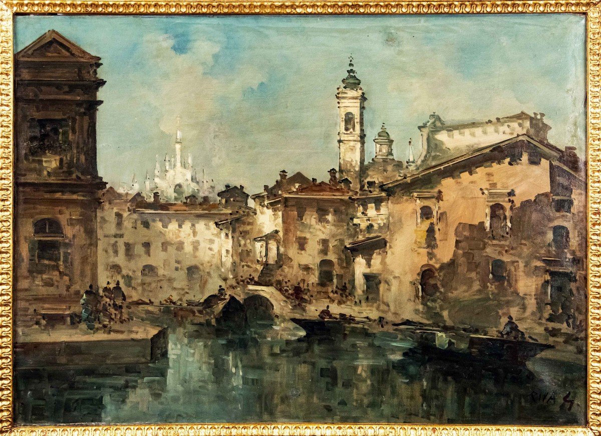 Vue Du Naviglio Avec Le Duomo, G. Riva (1834 - 1916)