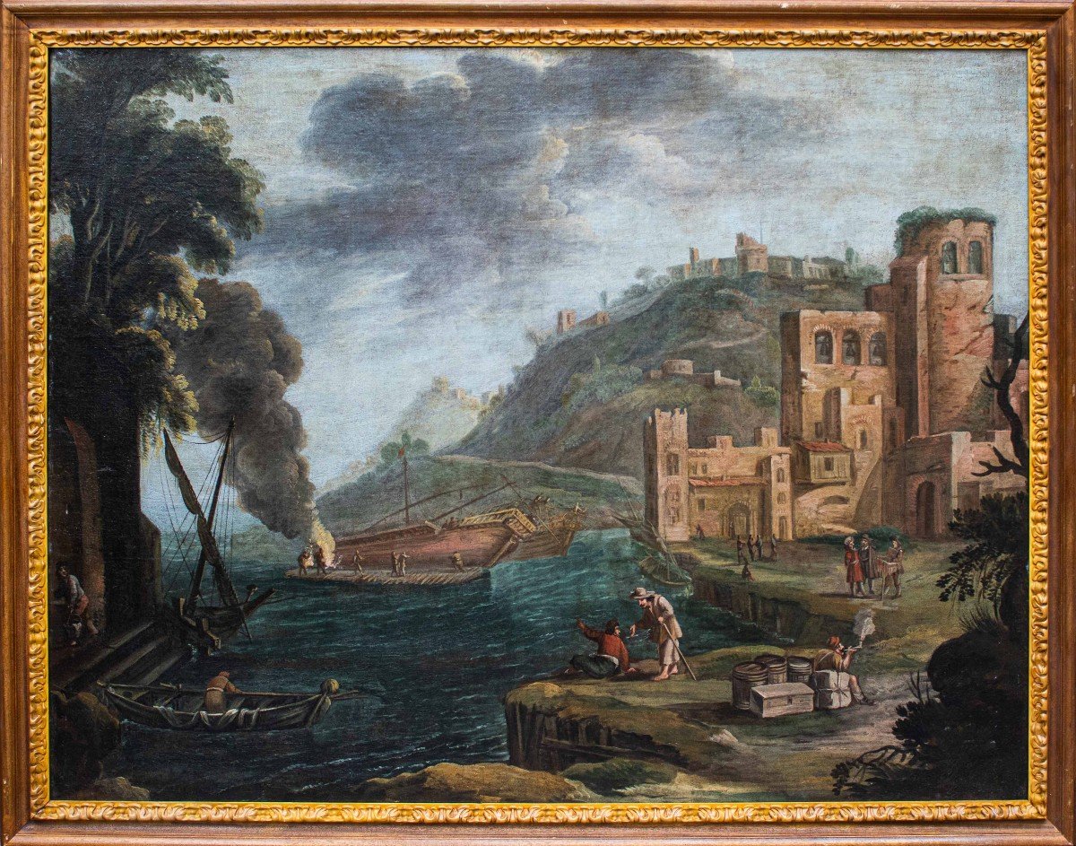 Peintre Actif à Rome à La Fin Du XVIIe Siècle, Paysage Côtier