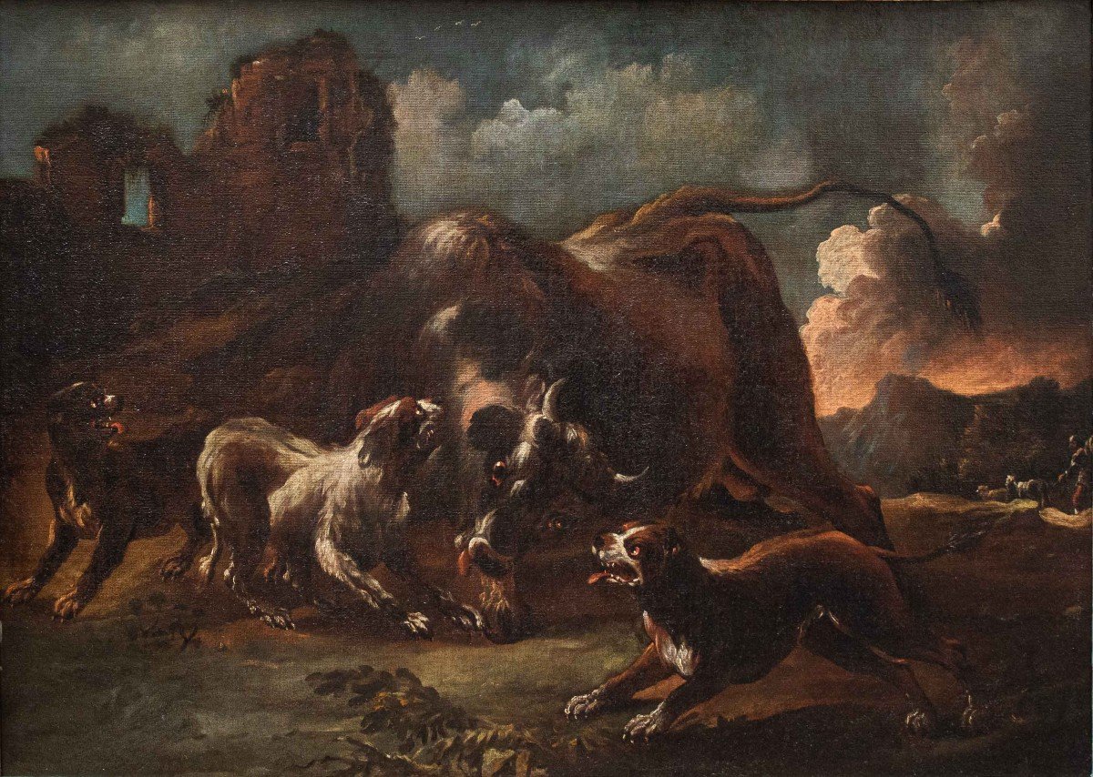 Giovanni Crivelli Dit Crivellino (? - 1760), Combat Entre Chiens Et Bisons-photo-2