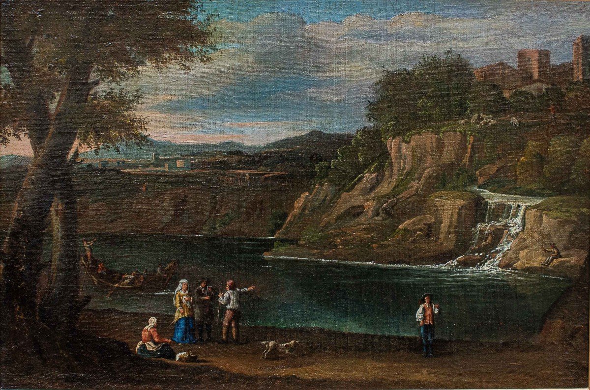 XVIIIe Siècle, Paysage Avec Personnages Au Bord d'Une Rivière