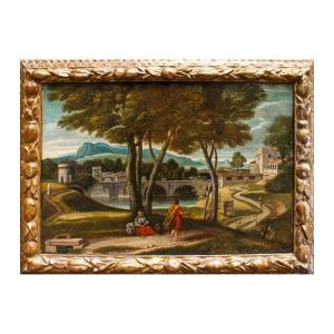 XVII secolo, Scuola romana,  Paesaggio con ponte – Cristo e la Samaritana al pozzo