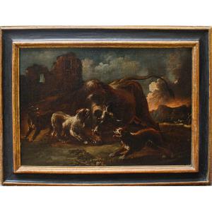 Giovanni Crivelli detto il Crivellino (Milano, ? - Parma, 1760), Lotta tra cani e bisonte