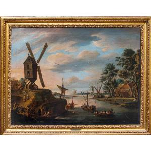 Pieter Balthazar Bouttats (1666 – 1756), Paesaggio con mulino a vento  